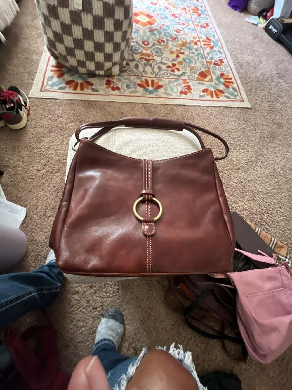 Floto Italian Leather Shoulder Bag with Ring Detail